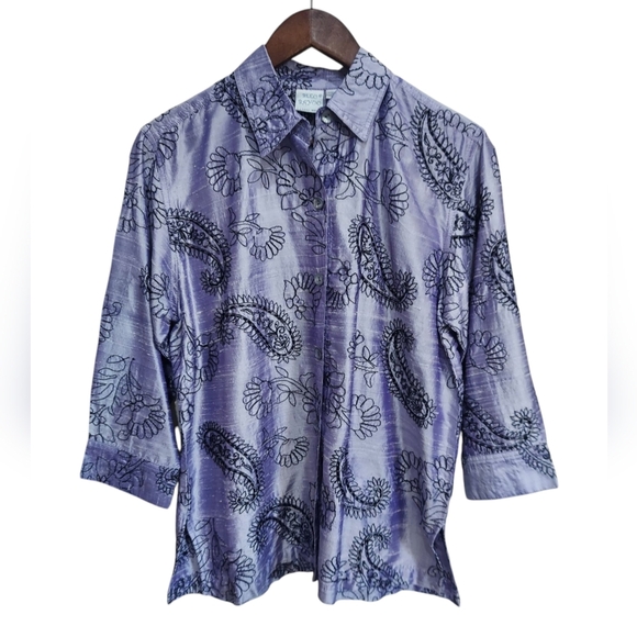 Bleu Bayou Silk Floral Paisley Beaded Blouse - Picture 1 of 9